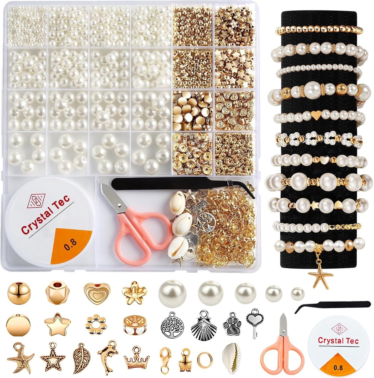 1200-Piece Pearl Beads Bracelet Making Kit – White Pearl & Gold Spacer Beads Set with Charms, String & Tools for DIY Jewelry Making